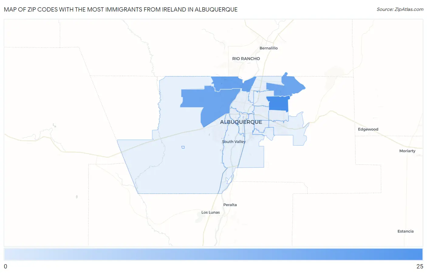 Zip Codes with the Most Immigrants from Ireland in Albuquerque Map