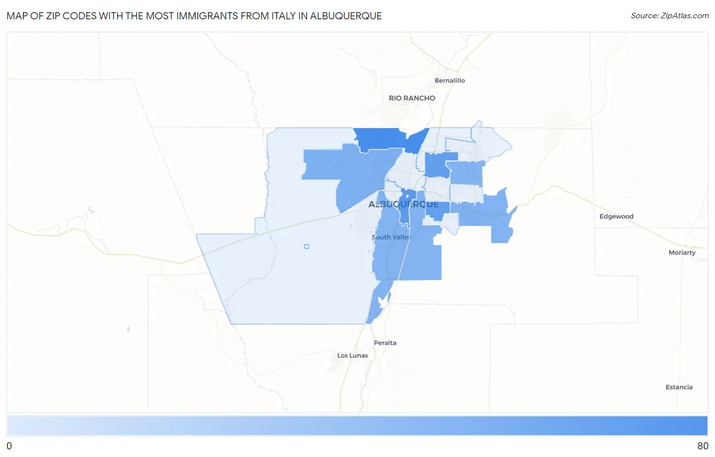 Zip Codes with the Most Immigrants from Italy in Albuquerque Map