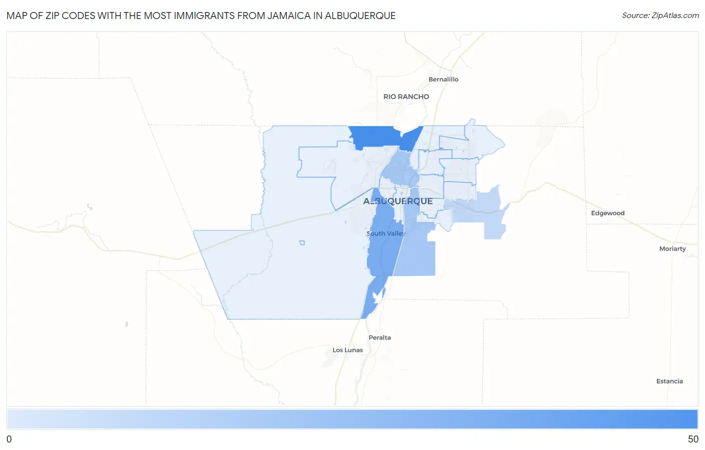 Zip Codes with the Most Immigrants from Jamaica in Albuquerque Map