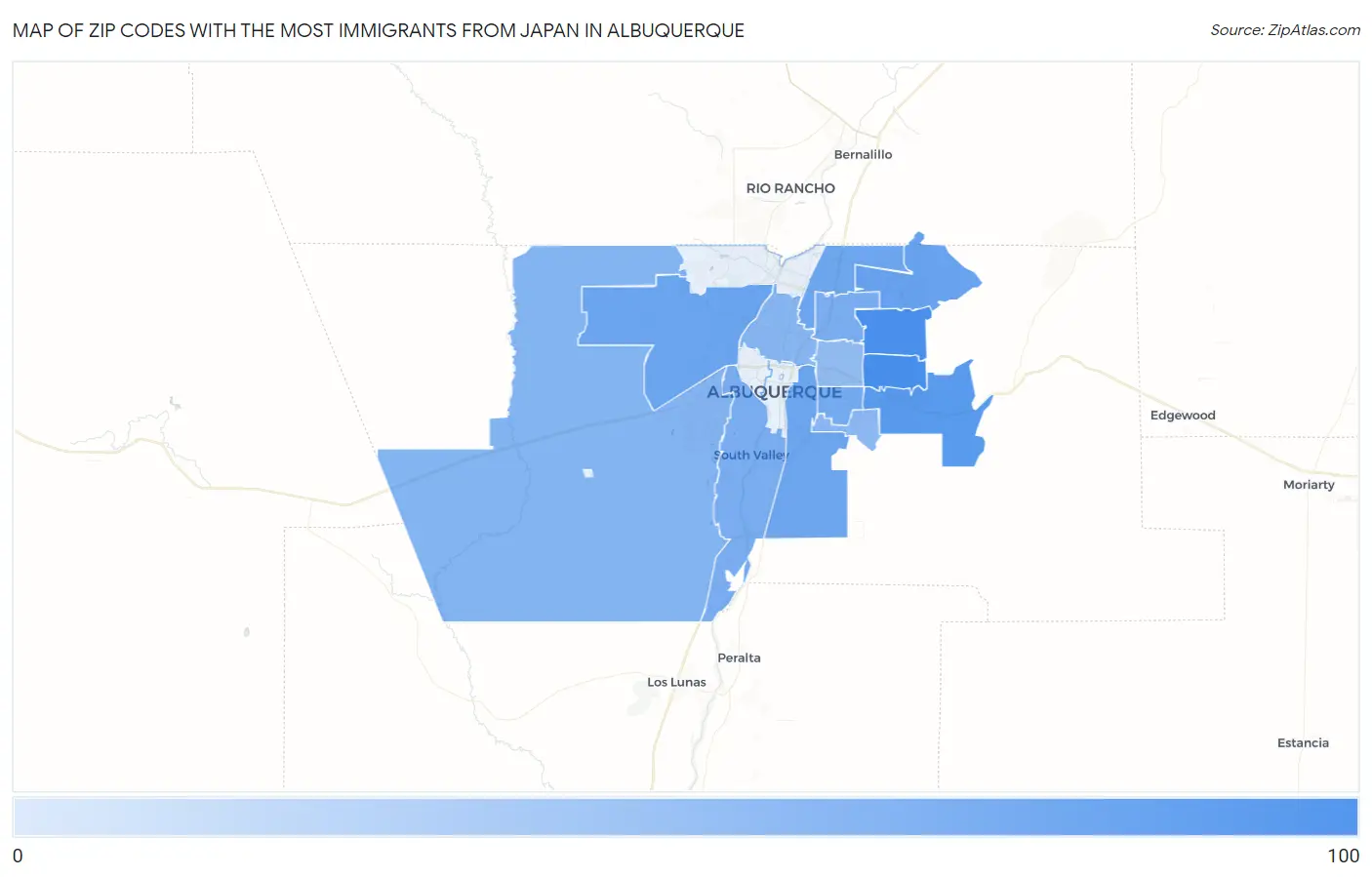 Zip Codes with the Most Immigrants from Japan in Albuquerque Map