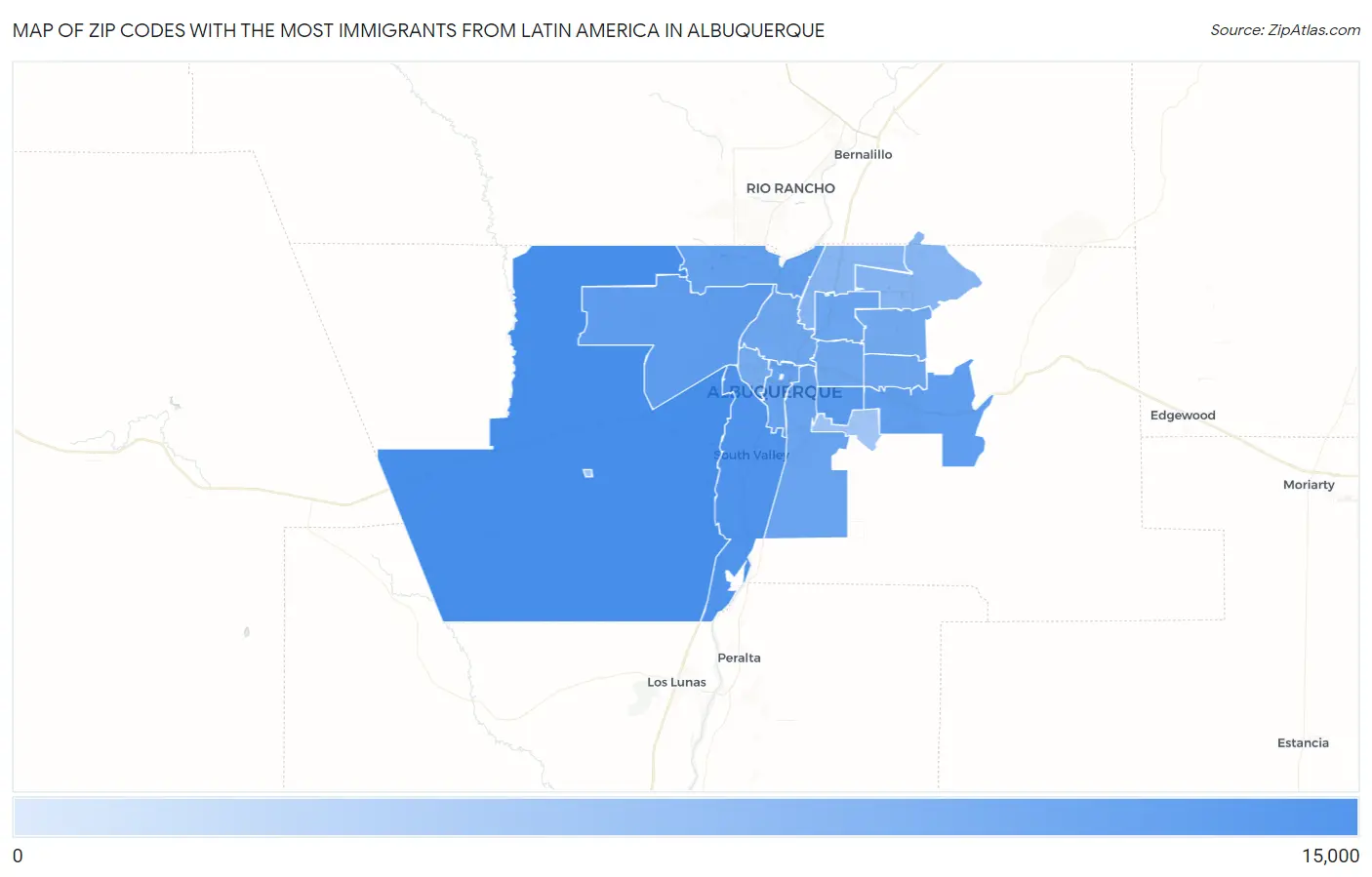 Zip Codes with the Most Immigrants from Latin America in Albuquerque Map