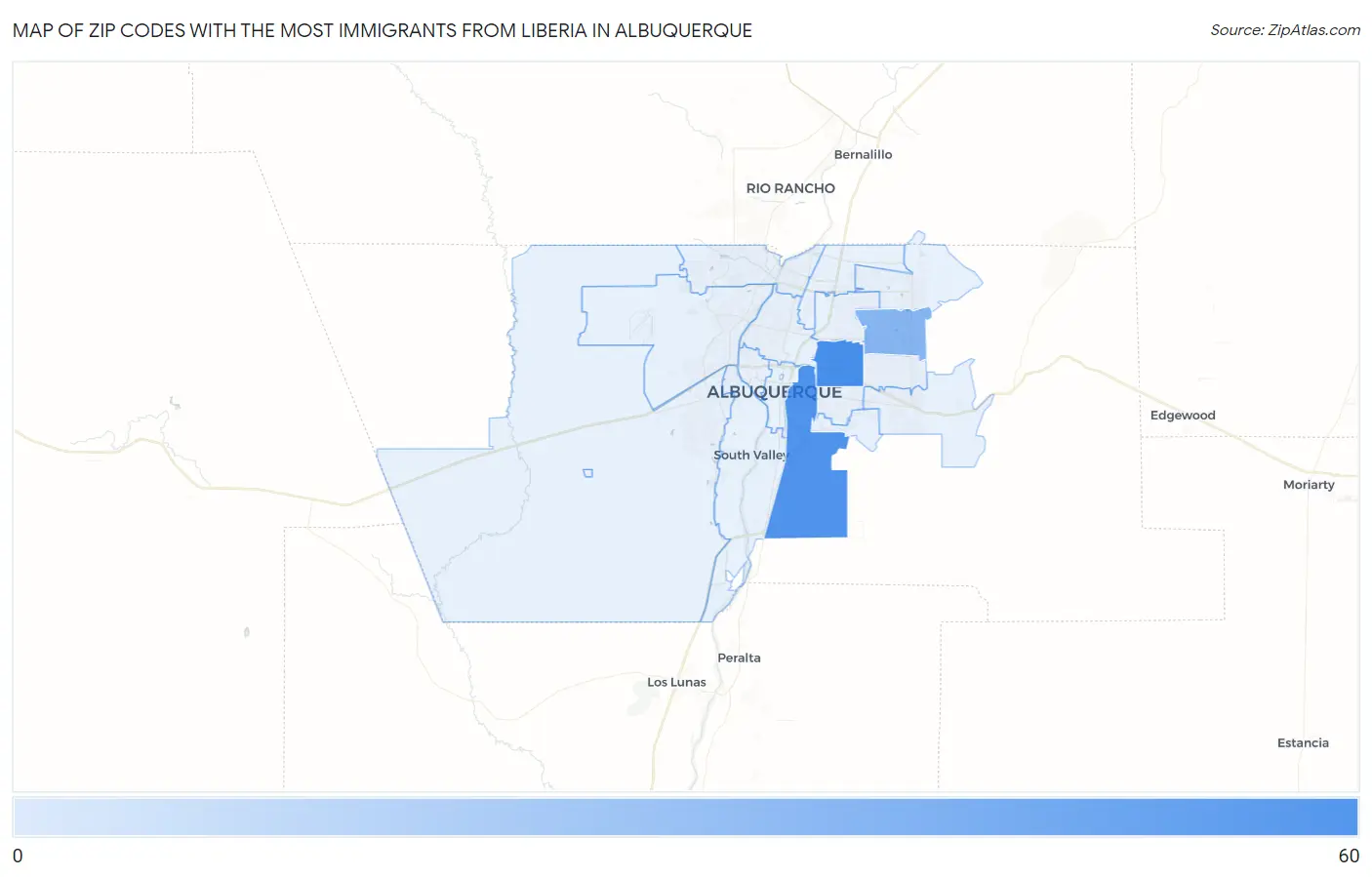 Zip Codes with the Most Immigrants from Liberia in Albuquerque Map
