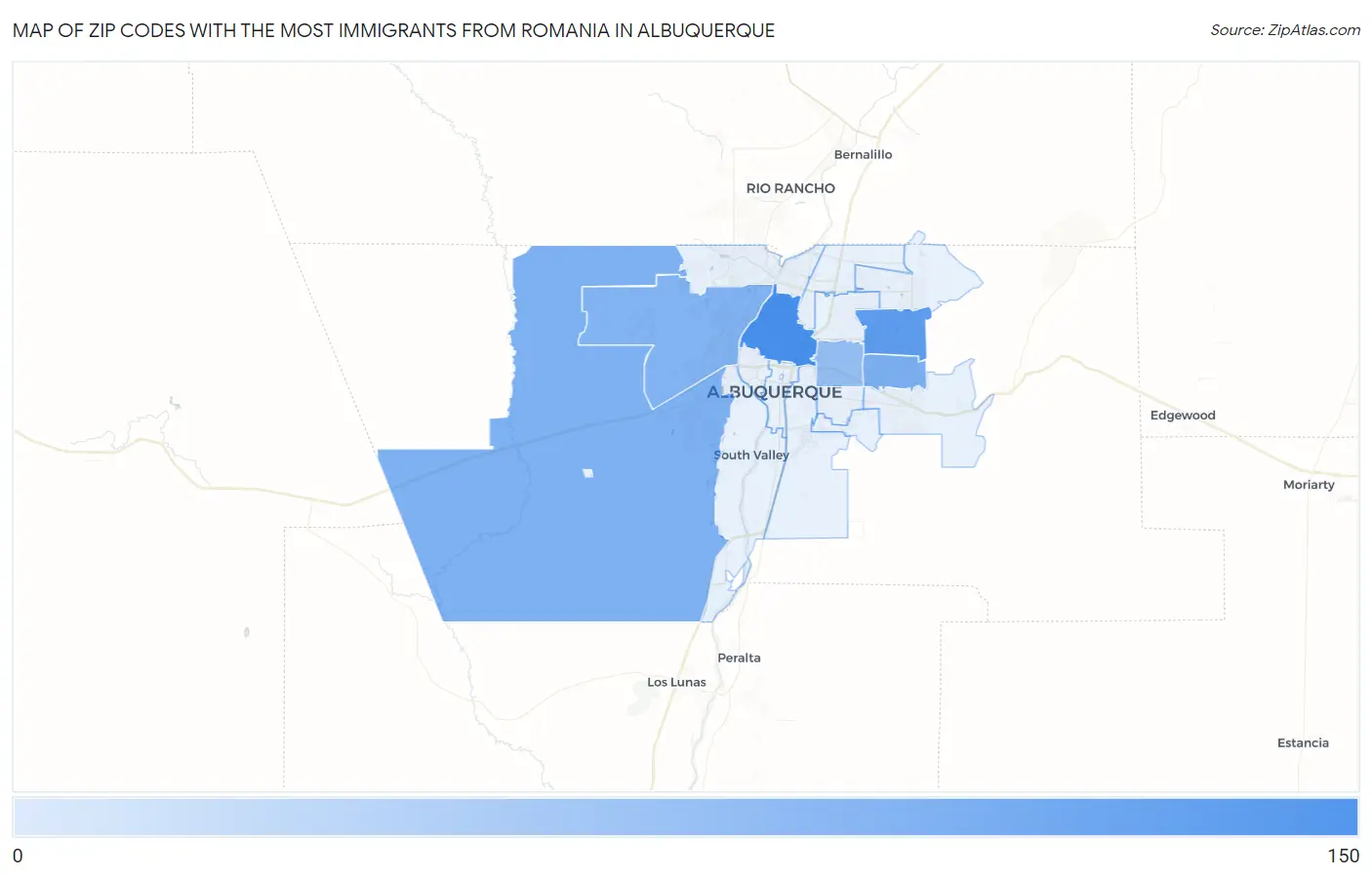 Zip Codes with the Most Immigrants from Romania in Albuquerque Map