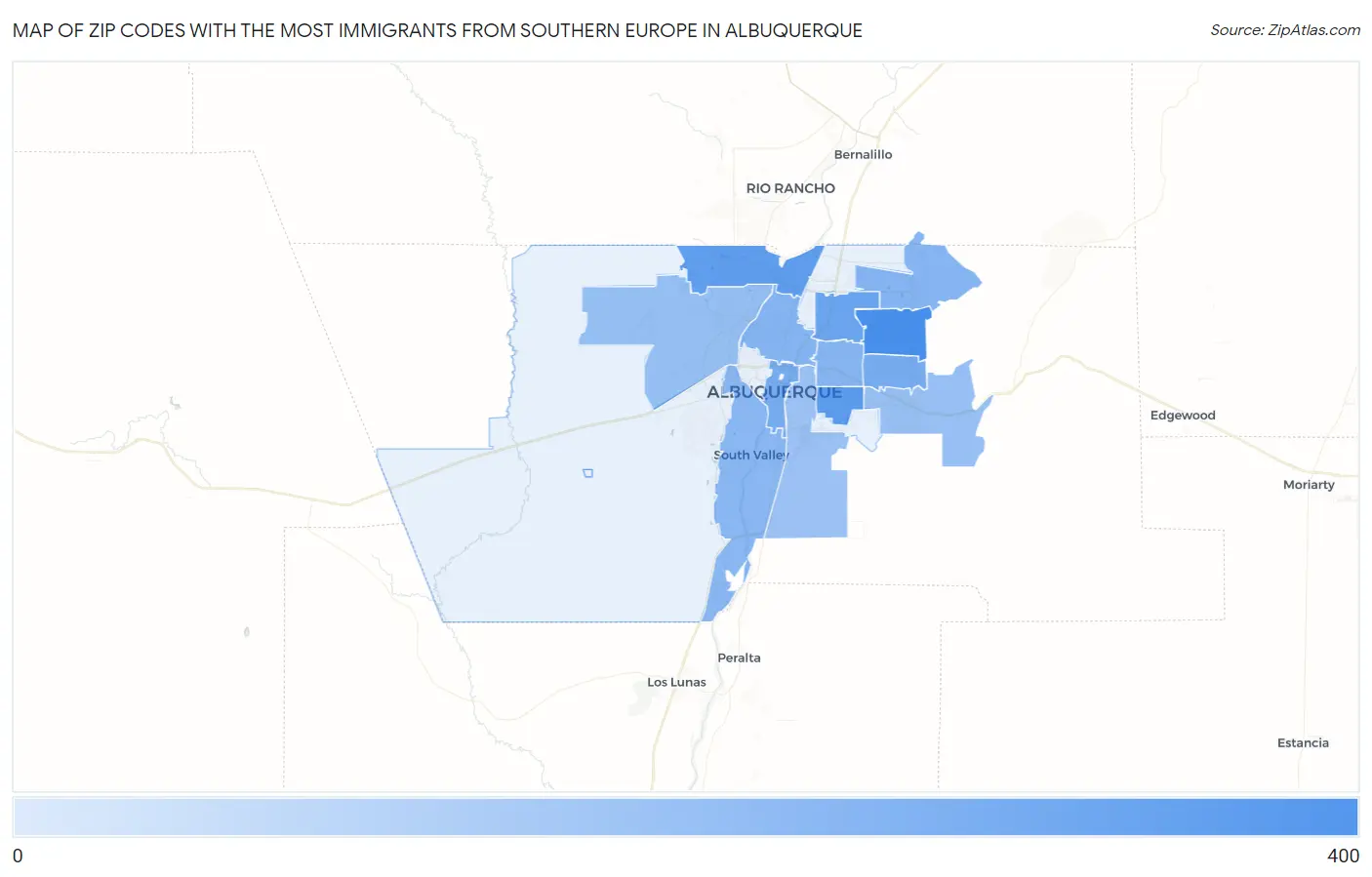 Zip Codes with the Most Immigrants from Southern Europe in Albuquerque Map