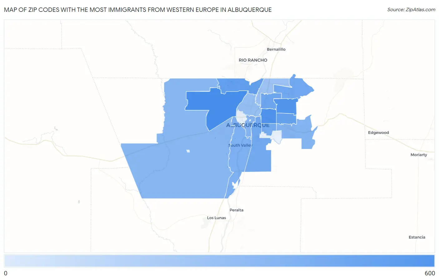 Zip Codes with the Most Immigrants from Western Europe in Albuquerque Map