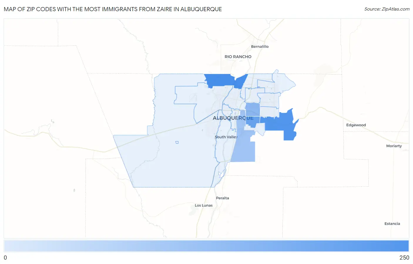 Zip Codes with the Most Immigrants from Zaire in Albuquerque Map