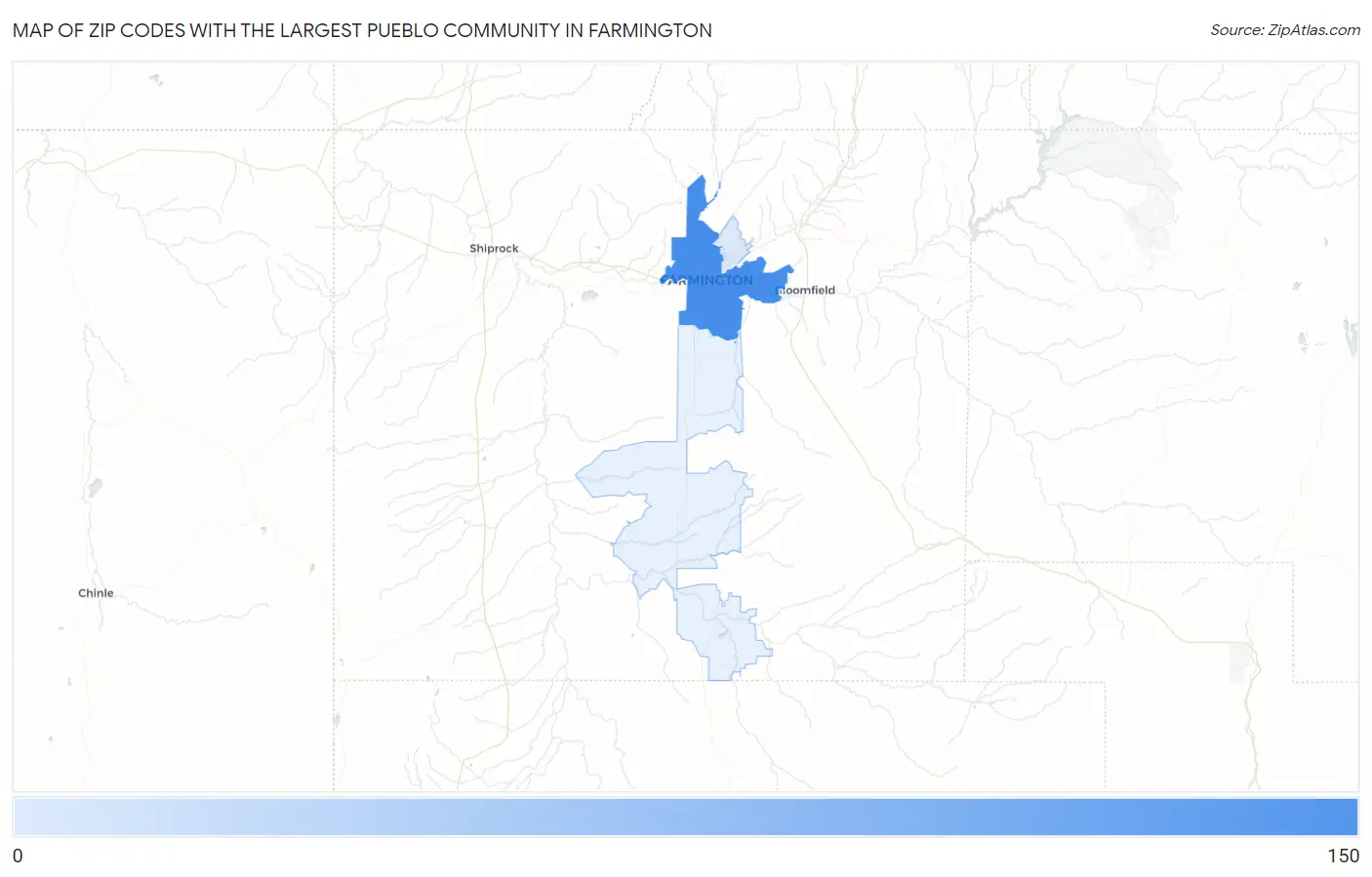 Zip Codes with the Largest Pueblo Community in Farmington Map