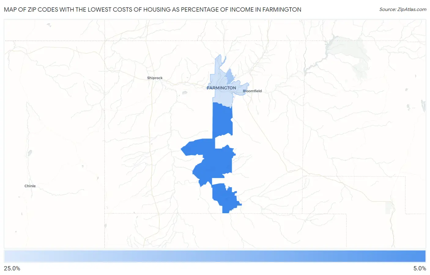 Zip Codes with the Lowest Costs of Housing as Percentage of Income in Farmington Map