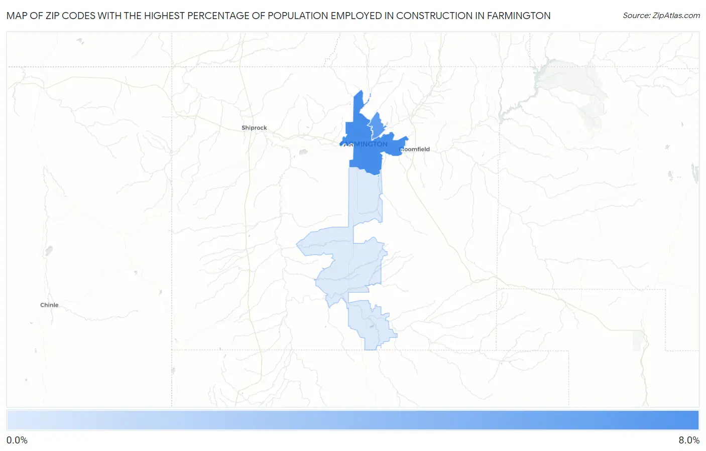Zip Codes with the Highest Percentage of Population Employed in Construction in Farmington Map