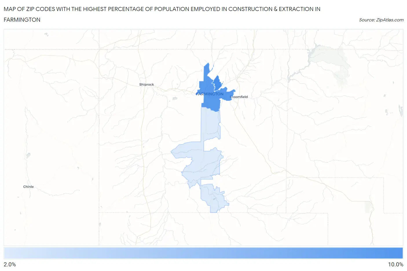 Zip Codes with the Highest Percentage of Population Employed in Construction & Extraction in Farmington Map
