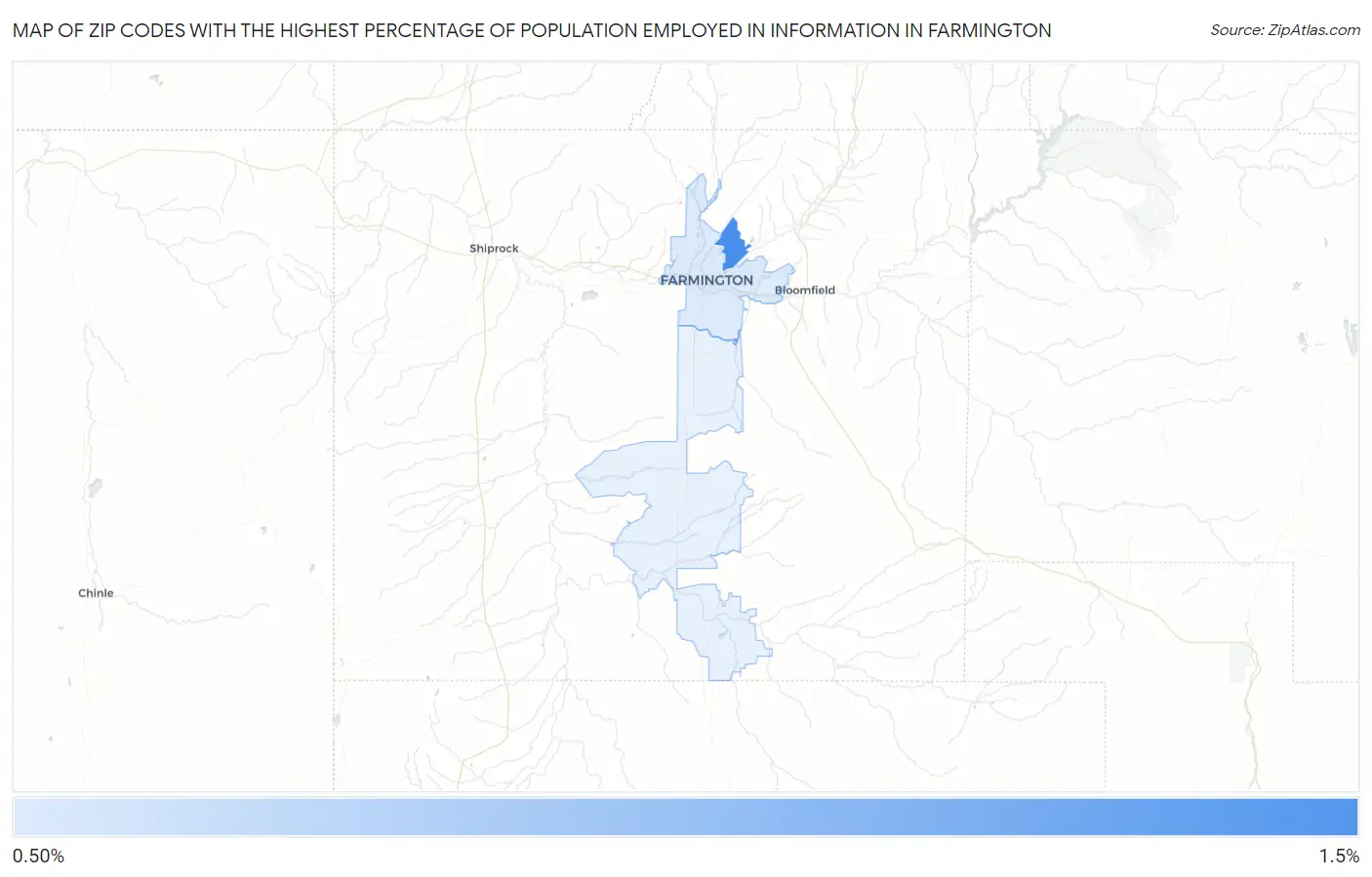 Zip Codes with the Highest Percentage of Population Employed in Information in Farmington Map