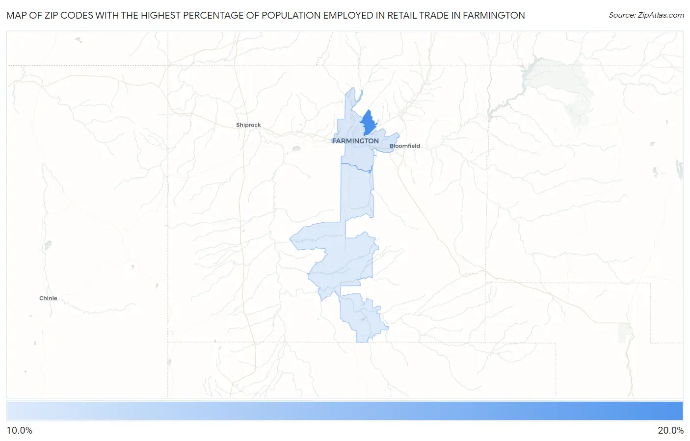 Zip Codes with the Highest Percentage of Population Employed in Retail Trade in Farmington Map