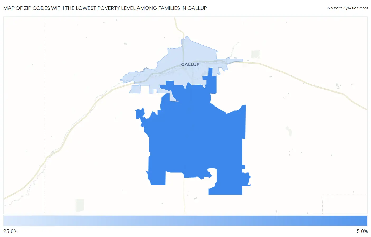 Zip Codes with the Lowest Poverty Level Among Families in Gallup Map