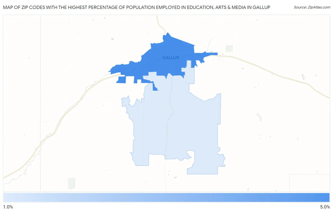 Zip Codes with the Highest Percentage of Population Employed in Education, Arts & Media in Gallup Map