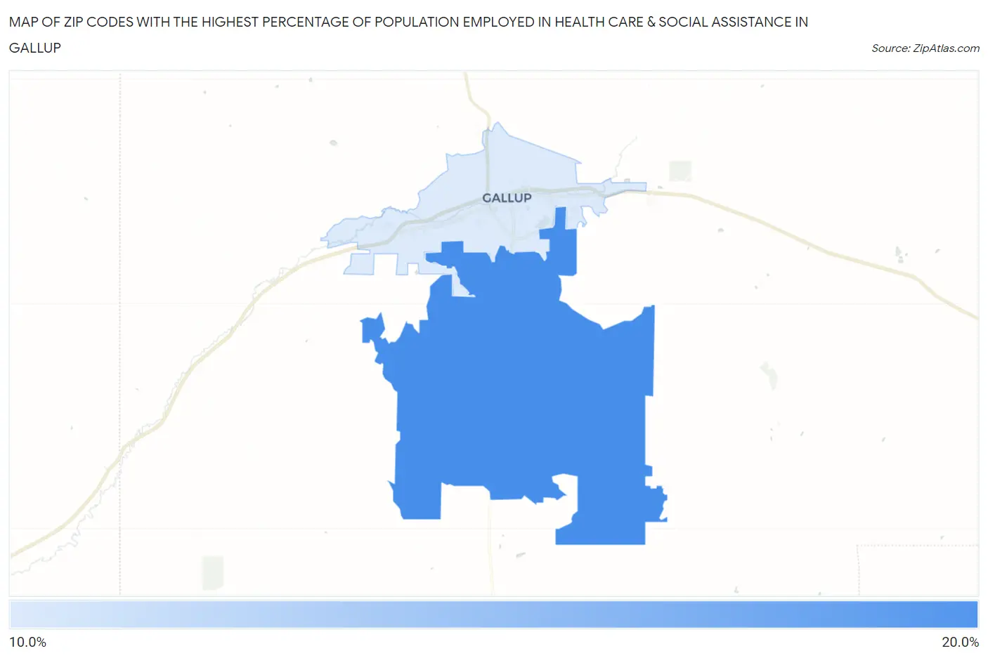 Zip Codes with the Highest Percentage of Population Employed in Health Care & Social Assistance in Gallup Map