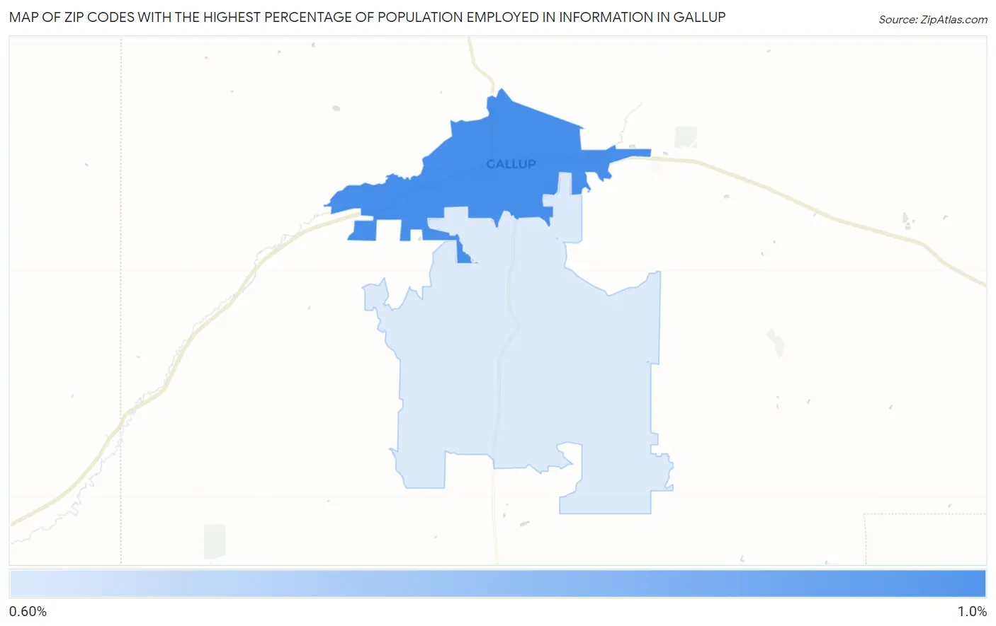 Zip Codes with the Highest Percentage of Population Employed in Information in Gallup Map