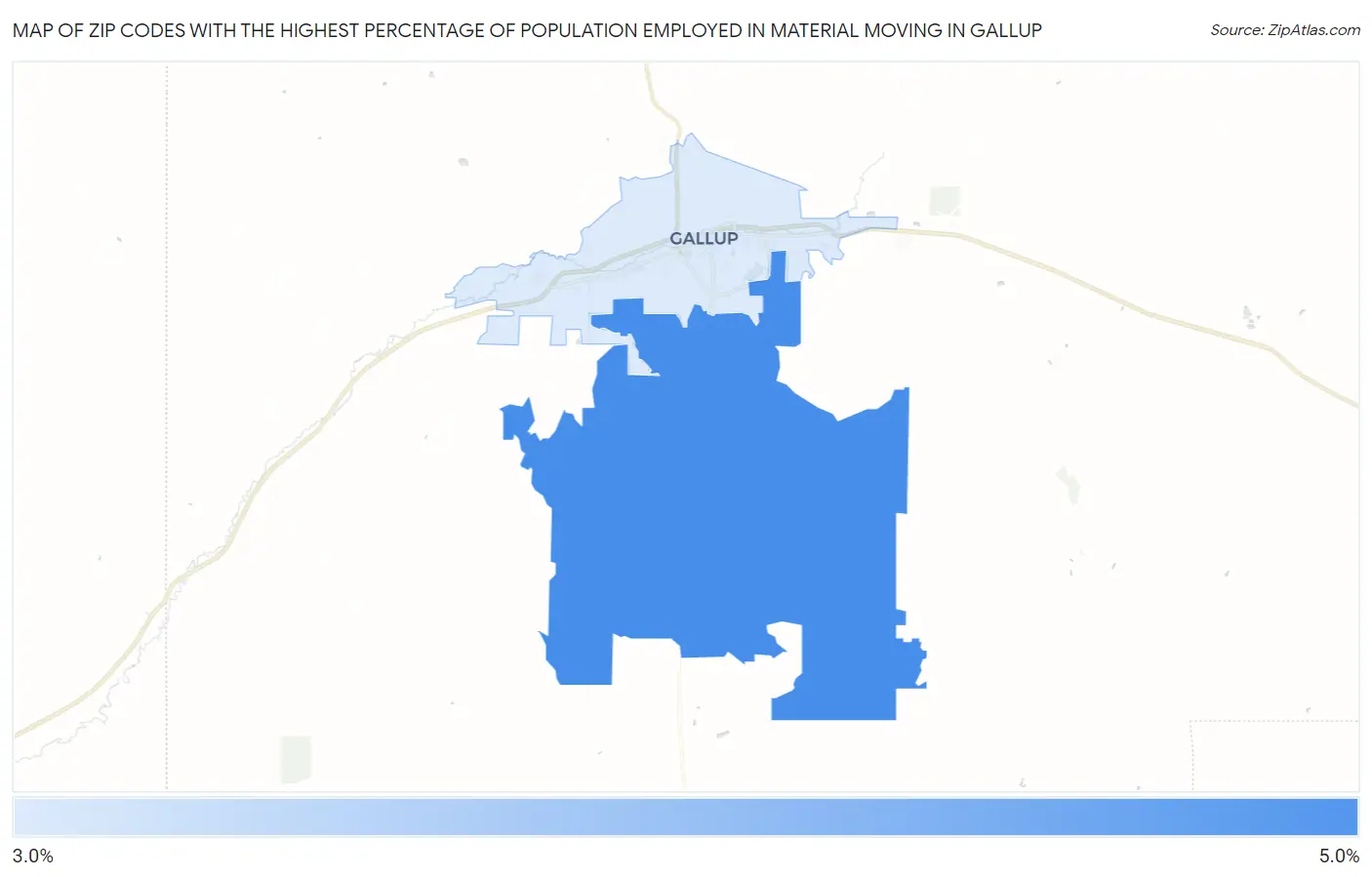 Zip Codes with the Highest Percentage of Population Employed in Material Moving in Gallup Map
