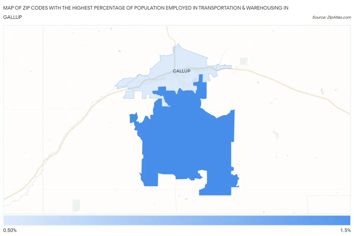Zip Codes with the Highest Percentage of Population Employed in Transportation & Warehousing in Gallup Map