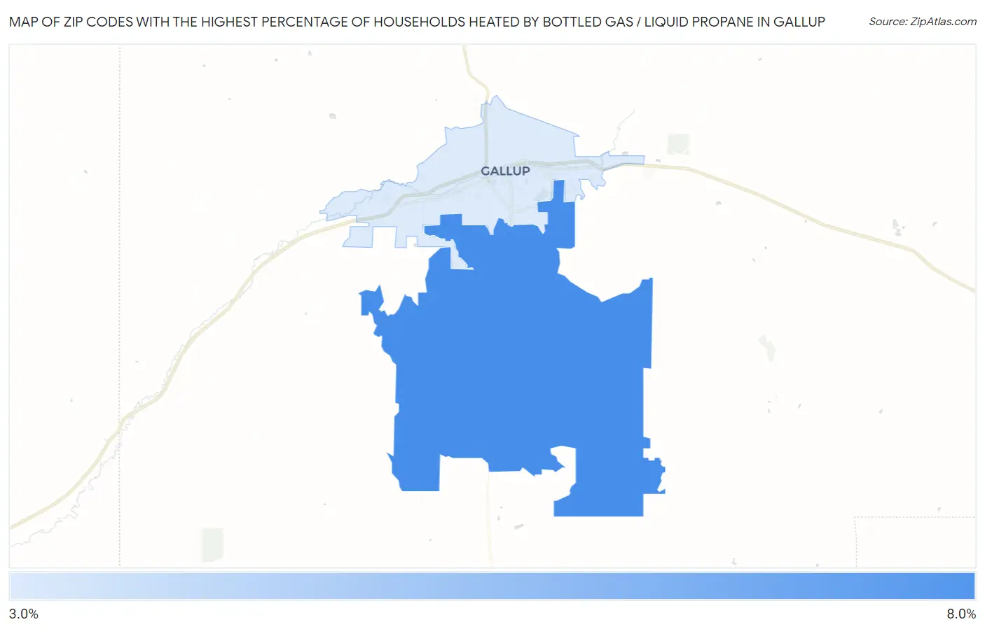 Zip Codes with the Highest Percentage of Households Heated by Bottled Gas / Liquid Propane in Gallup Map