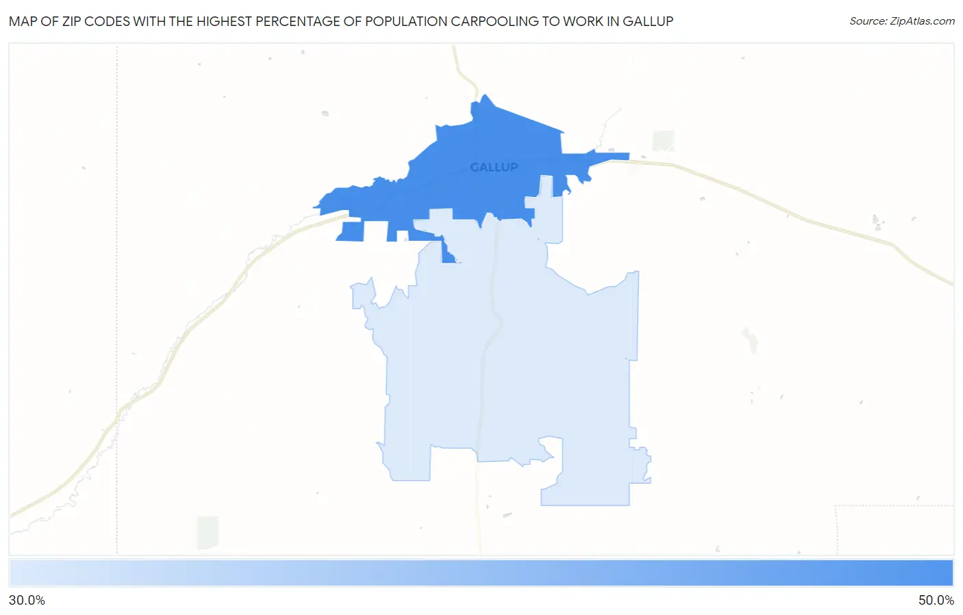 Zip Codes with the Highest Percentage of Population Carpooling to Work in Gallup Map