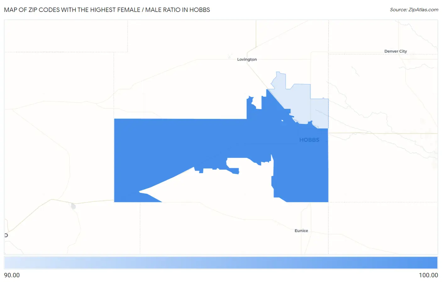 Zip Codes with the Highest Female / Male Ratio in Hobbs Map