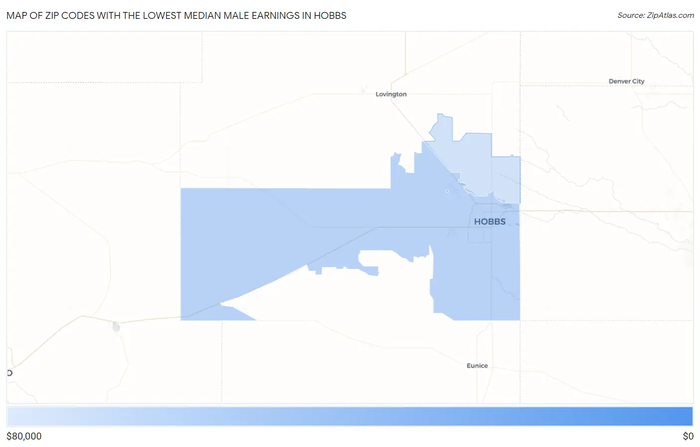 Zip Codes with the Lowest Median Male Earnings in Hobbs Map