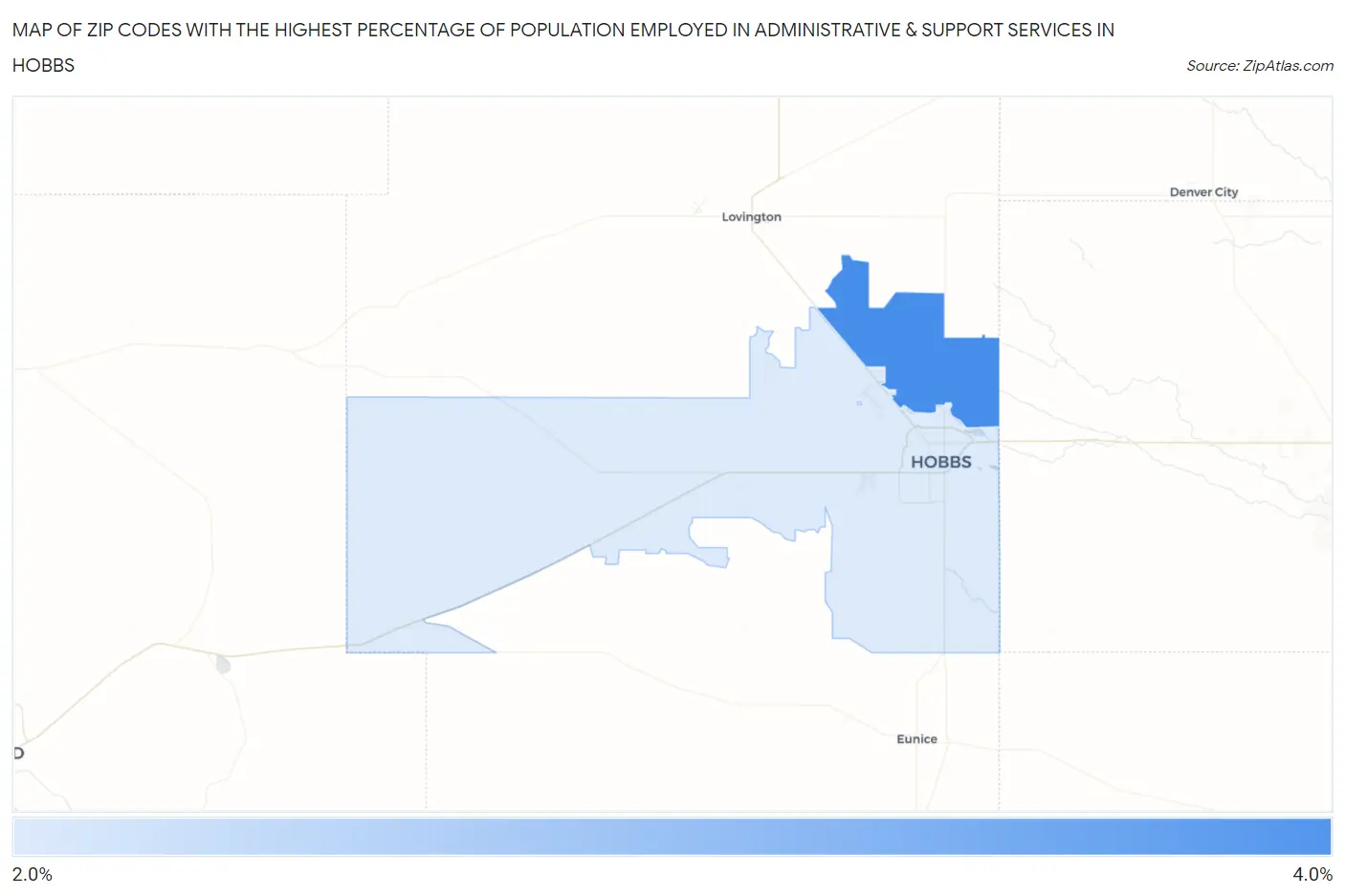 Zip Codes with the Highest Percentage of Population Employed in Administrative & Support Services in Hobbs Map