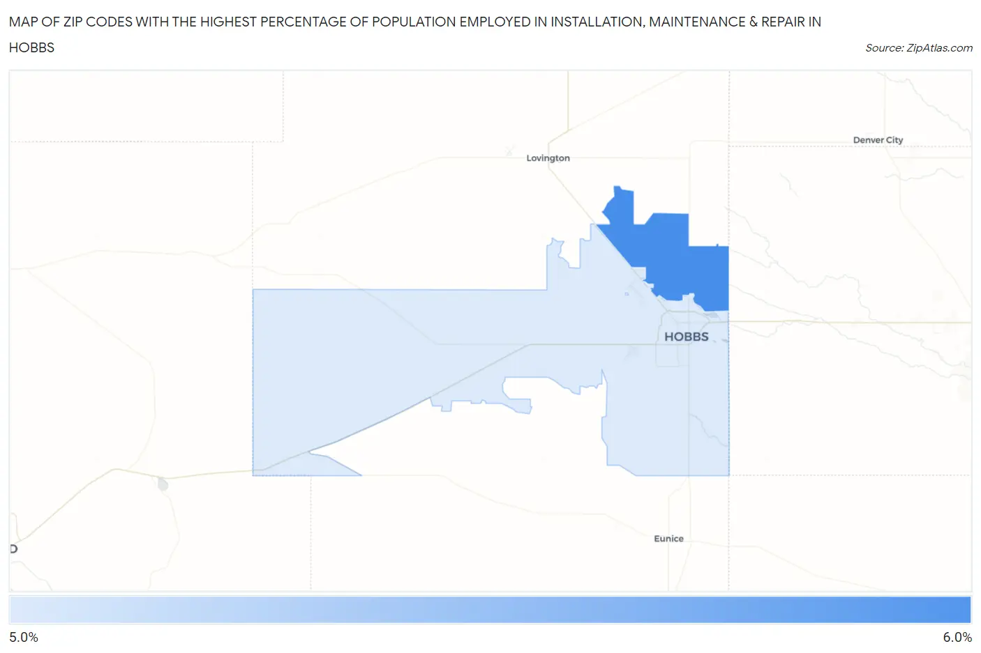 Zip Codes with the Highest Percentage of Population Employed in Installation, Maintenance & Repair in Hobbs Map