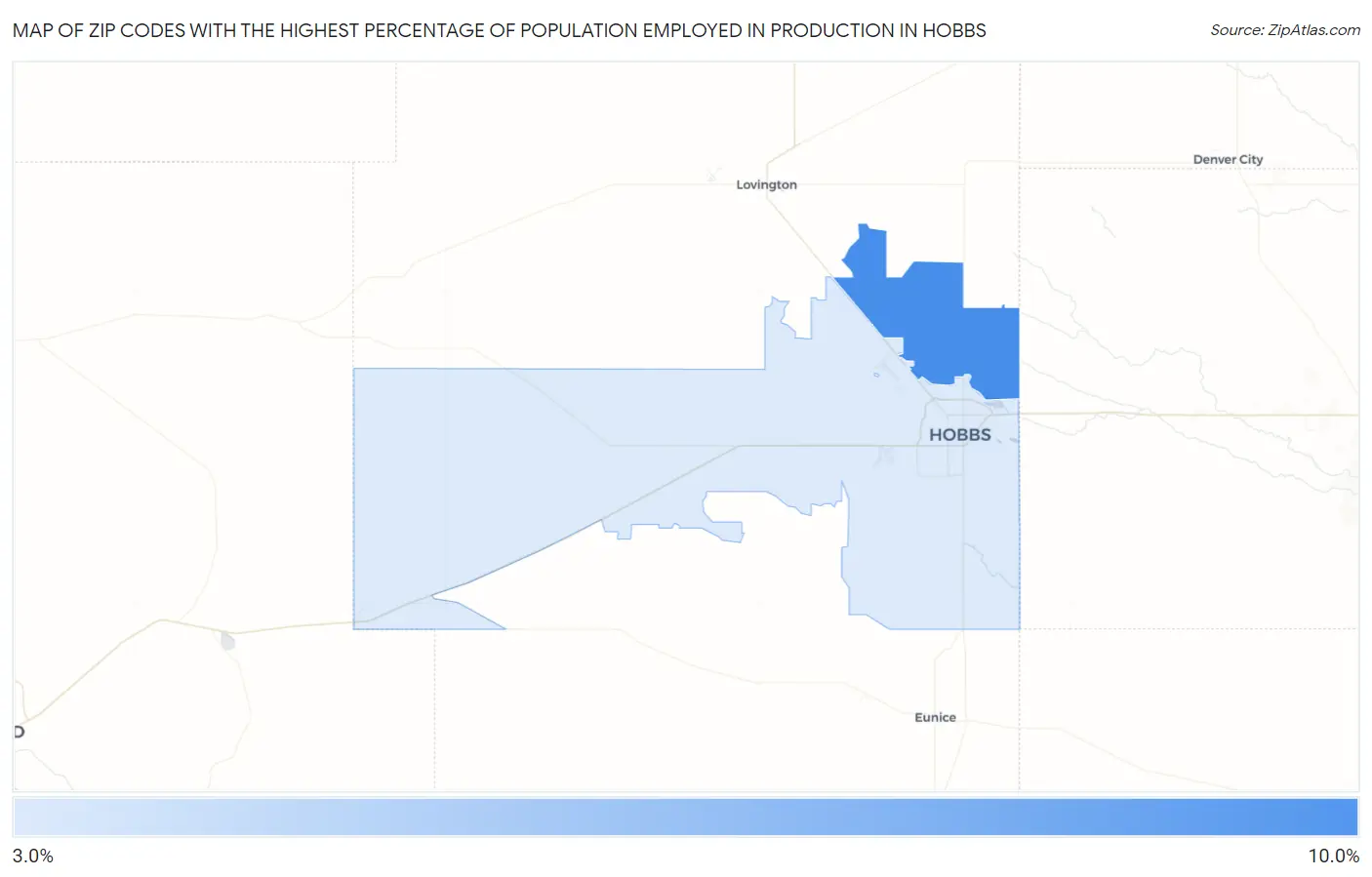 Zip Codes with the Highest Percentage of Population Employed in Production in Hobbs Map
