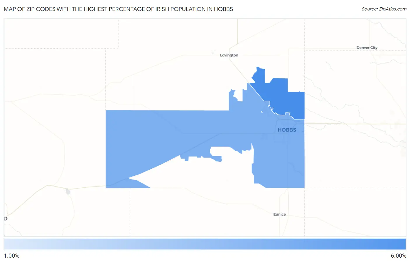 Zip Codes with the Highest Percentage of Irish Population in Hobbs Map