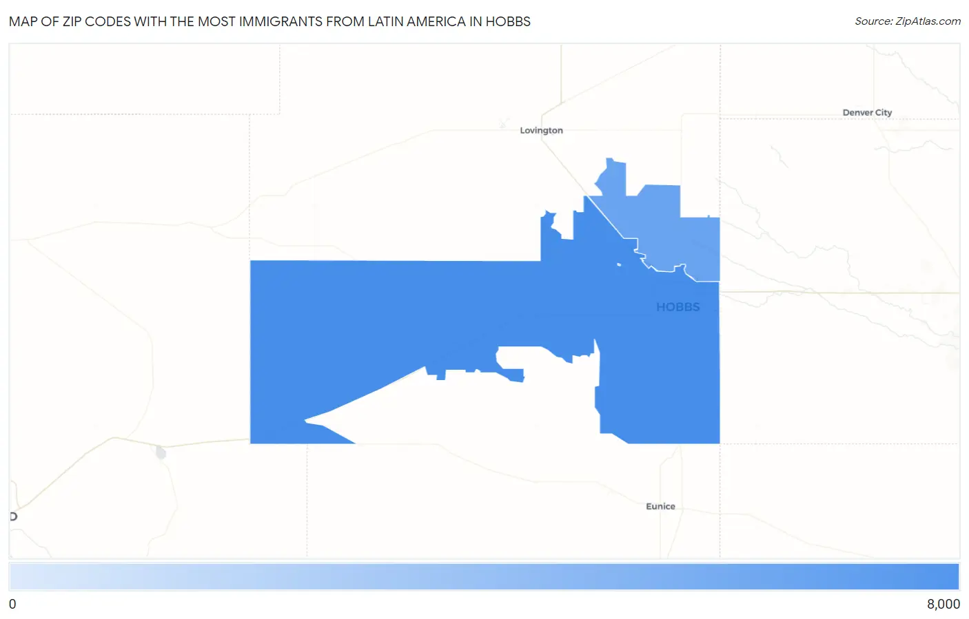 Zip Codes with the Most Immigrants from Latin America in Hobbs Map