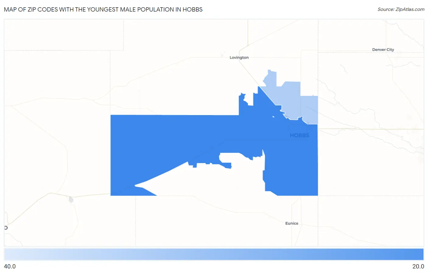 Zip Codes with the Youngest Male Population in Hobbs Map