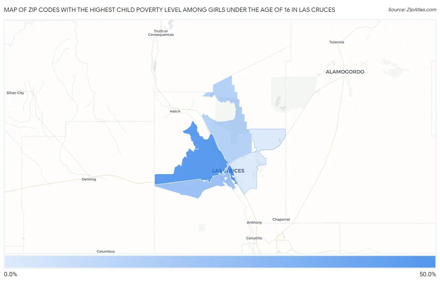 Zip Codes with the Highest Child Poverty Level Among Girls Under the Age of 16 in Las Cruces Map