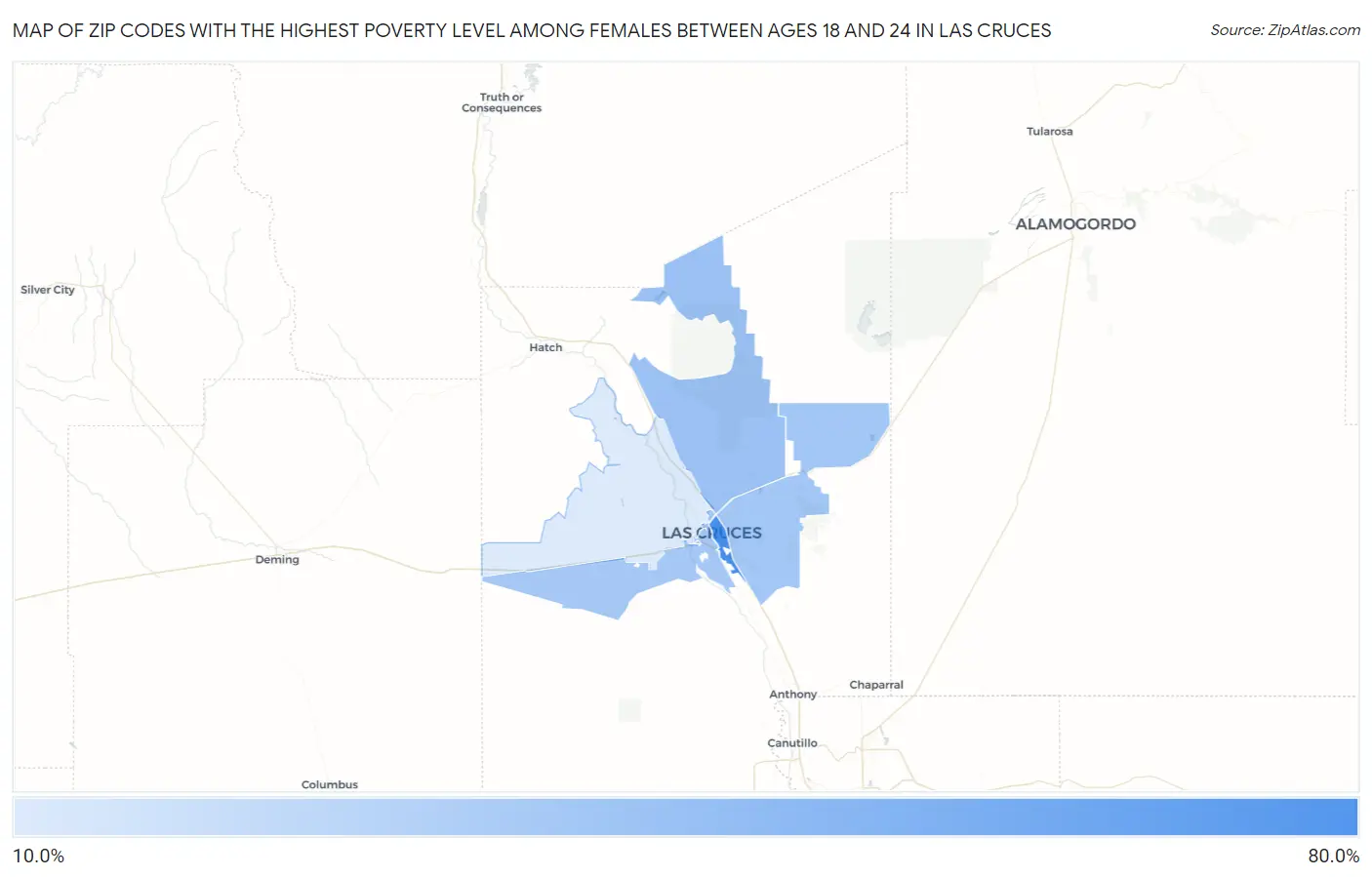 Zip Codes with the Highest Poverty Level Among Females Between Ages 18 and 24 in Las Cruces Map