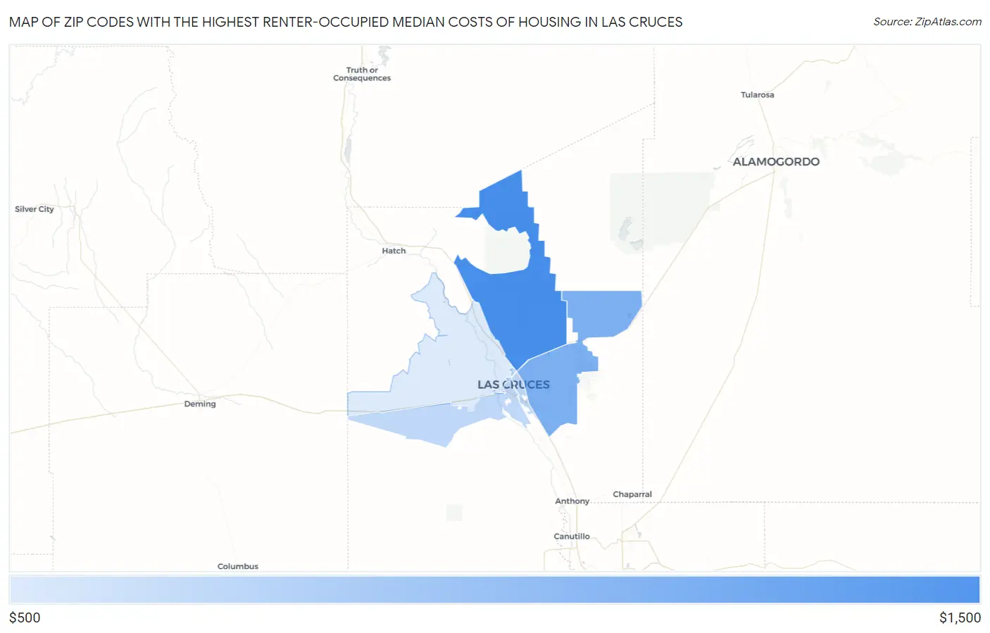 Zip Codes with the Highest Renter-Occupied Median Costs of Housing in Las Cruces Map