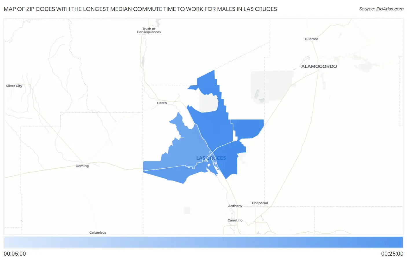 Zip Codes with the Longest Median Commute Time to Work for Males in Las Cruces Map