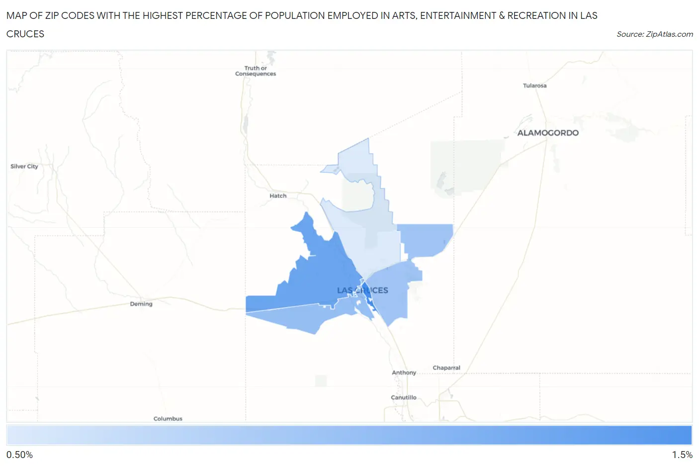 Zip Codes with the Highest Percentage of Population Employed in Arts, Entertainment & Recreation in Las Cruces Map