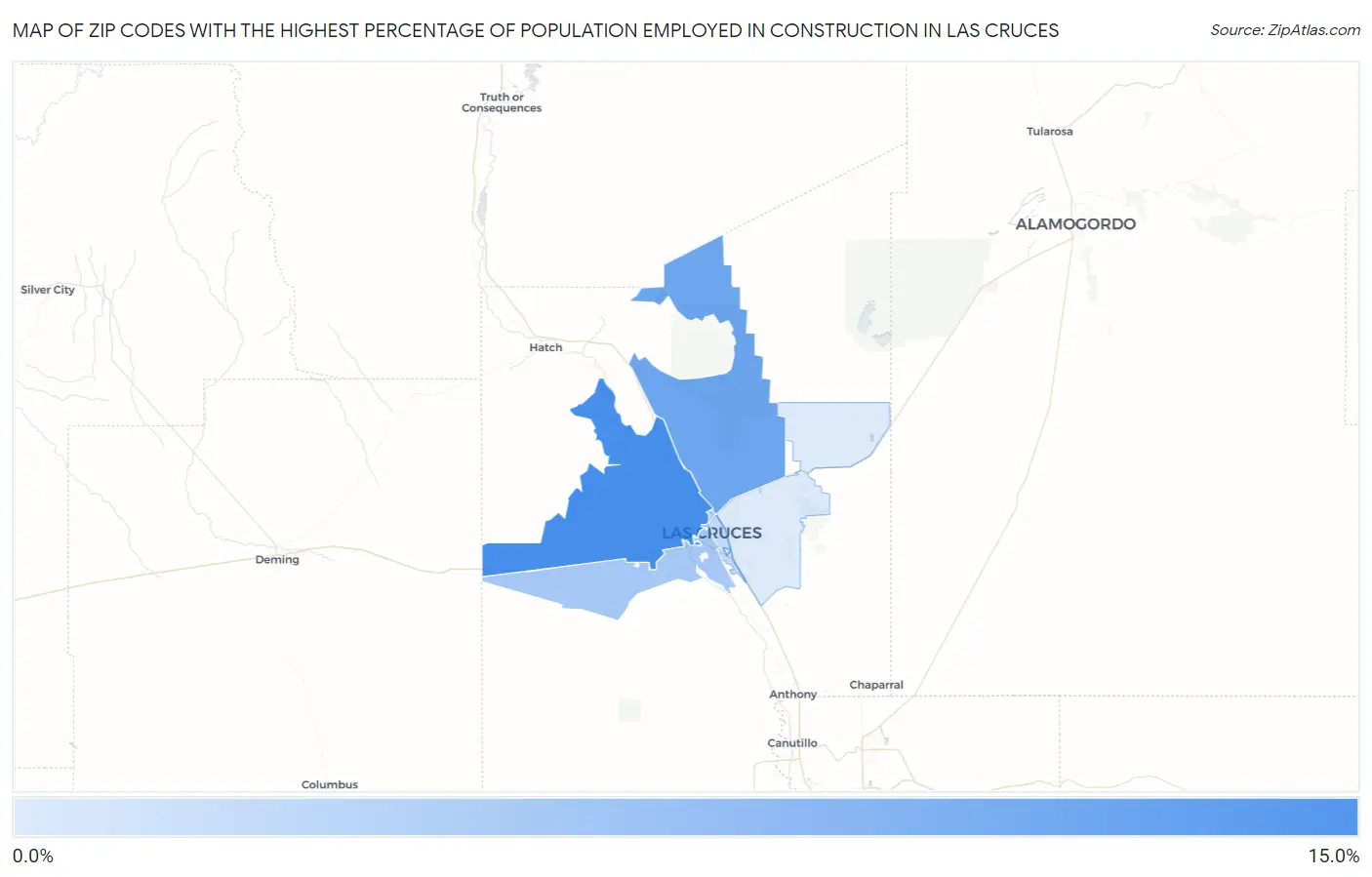 Zip Codes with the Highest Percentage of Population Employed in Construction in Las Cruces Map