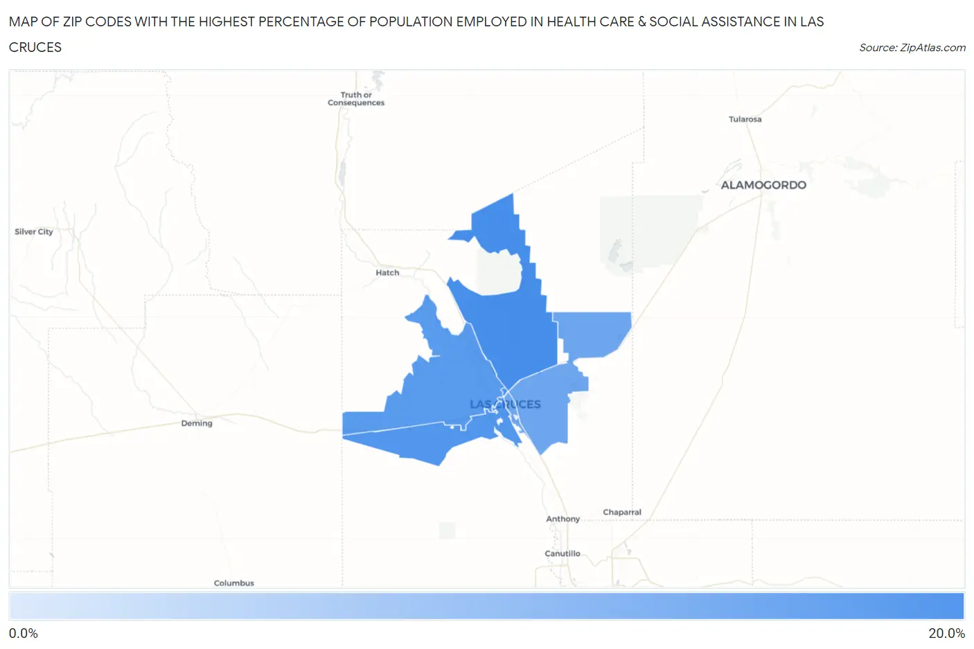 Zip Codes with the Highest Percentage of Population Employed in Health Care & Social Assistance in Las Cruces Map