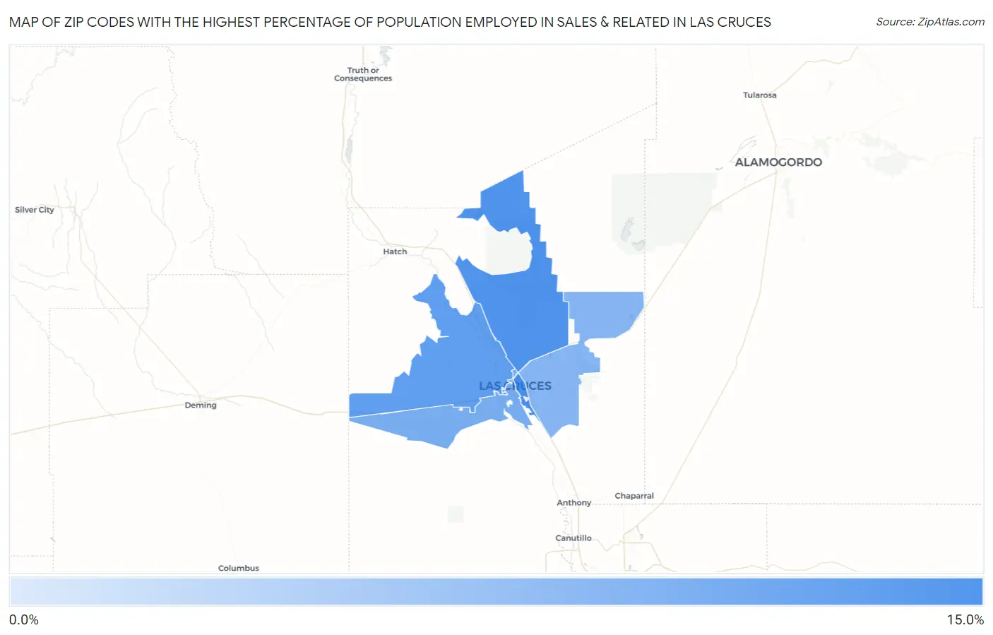 Zip Codes with the Highest Percentage of Population Employed in Sales & Related in Las Cruces Map