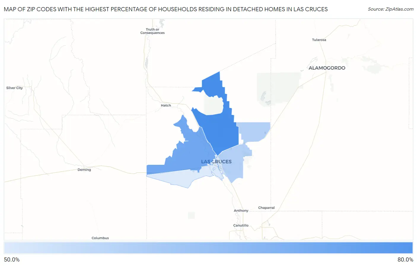 Zip Codes with the Highest Percentage of Households Residing in Detached Homes in Las Cruces Map