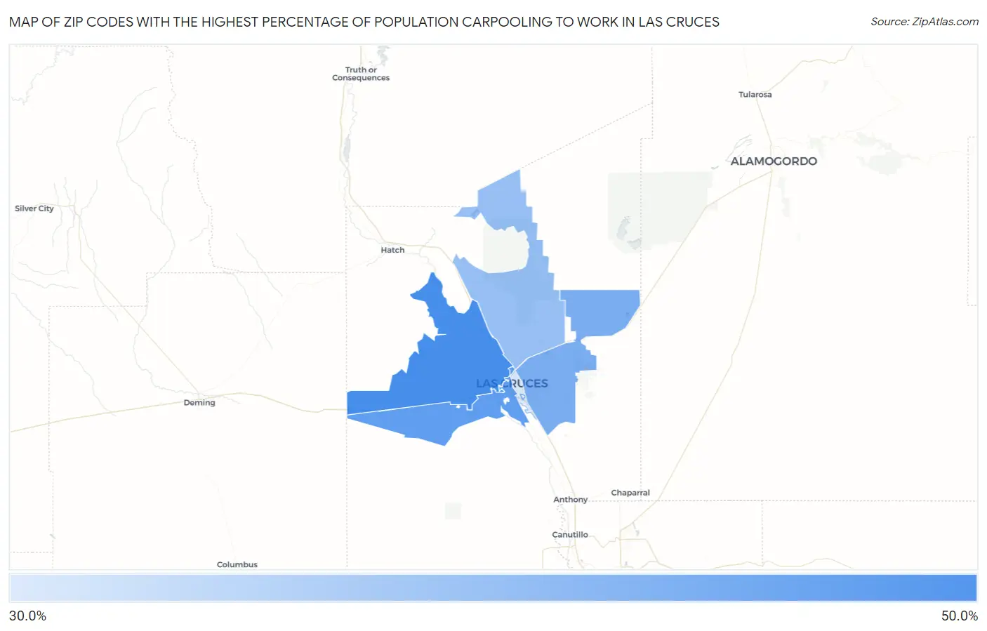 Zip Codes with the Highest Percentage of Population Carpooling to Work in Las Cruces Map