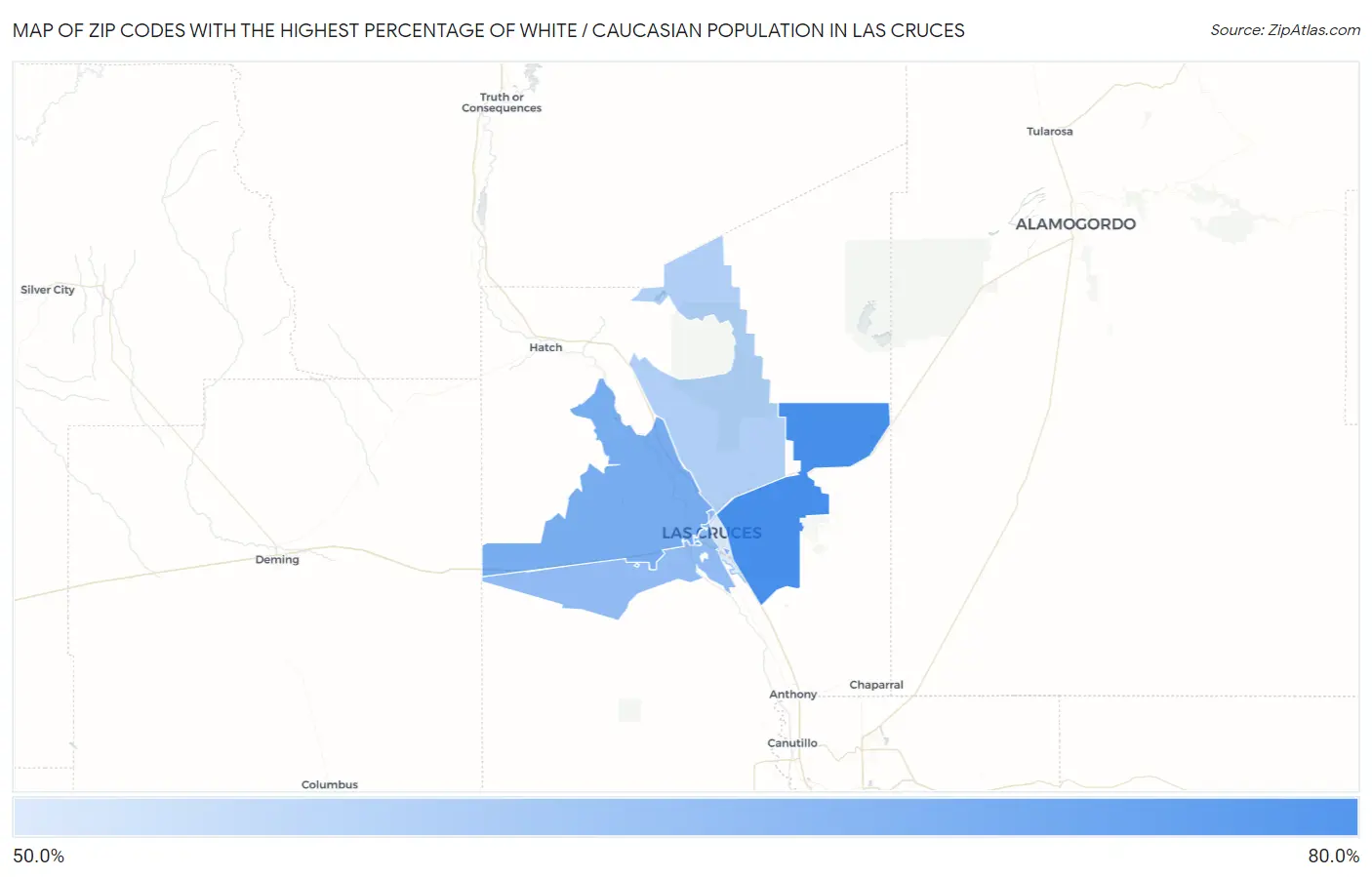 Zip Codes with the Highest Percentage of White / Caucasian Population in Las Cruces Map