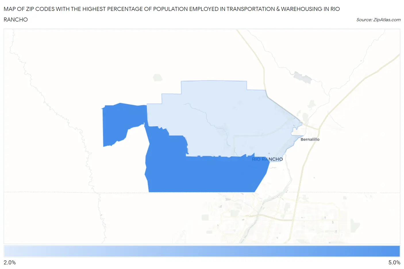 Zip Codes with the Highest Percentage of Population Employed in Transportation & Warehousing in Rio Rancho Map