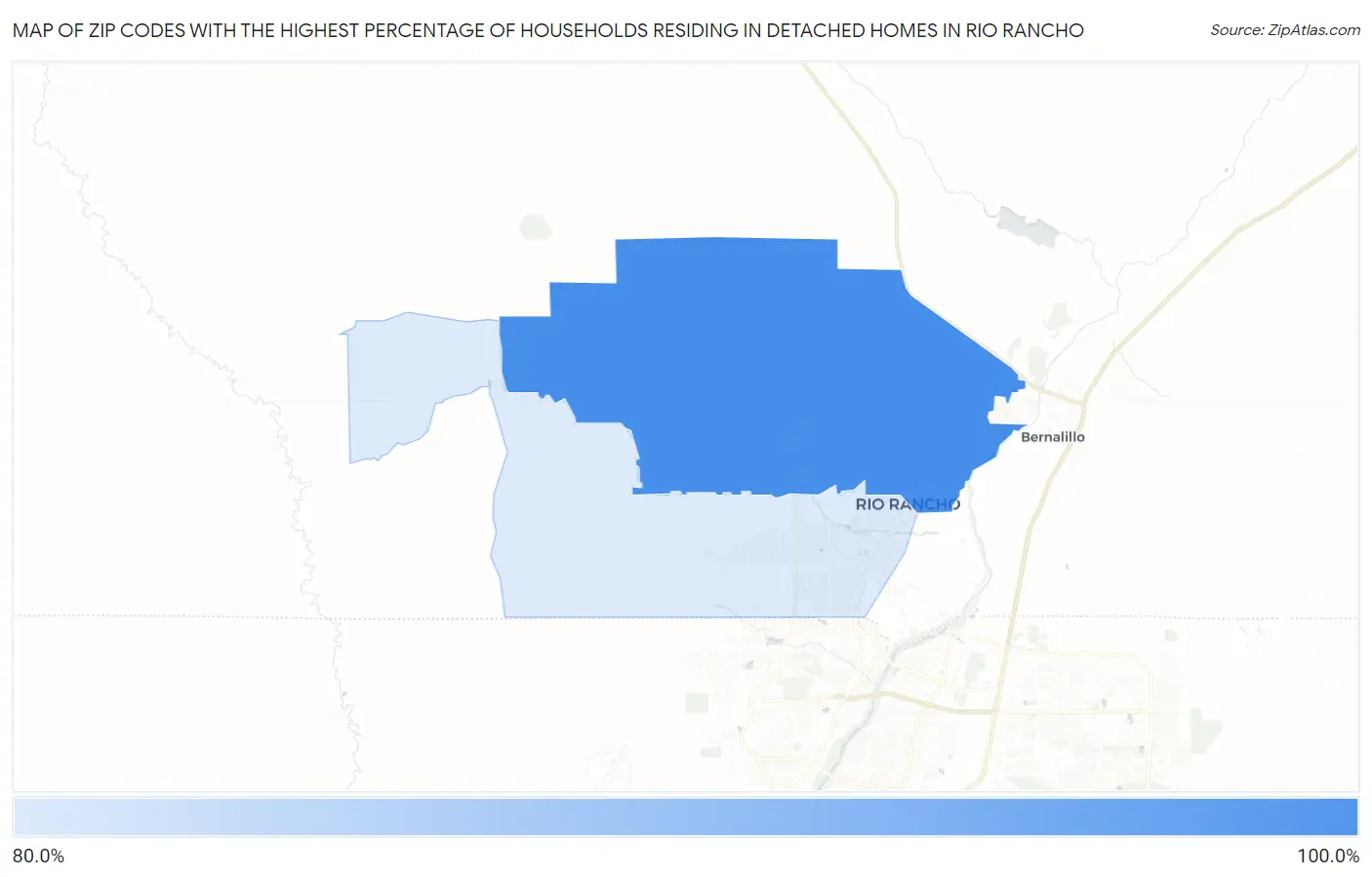 Zip Codes with the Highest Percentage of Households Residing in Detached Homes in Rio Rancho Map