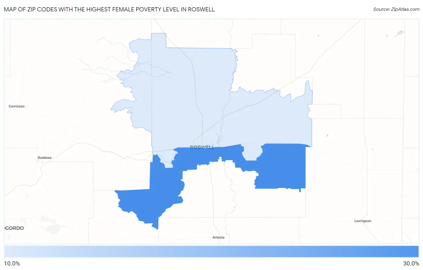 Zip Codes with the Highest Female Poverty Level in Roswell Map