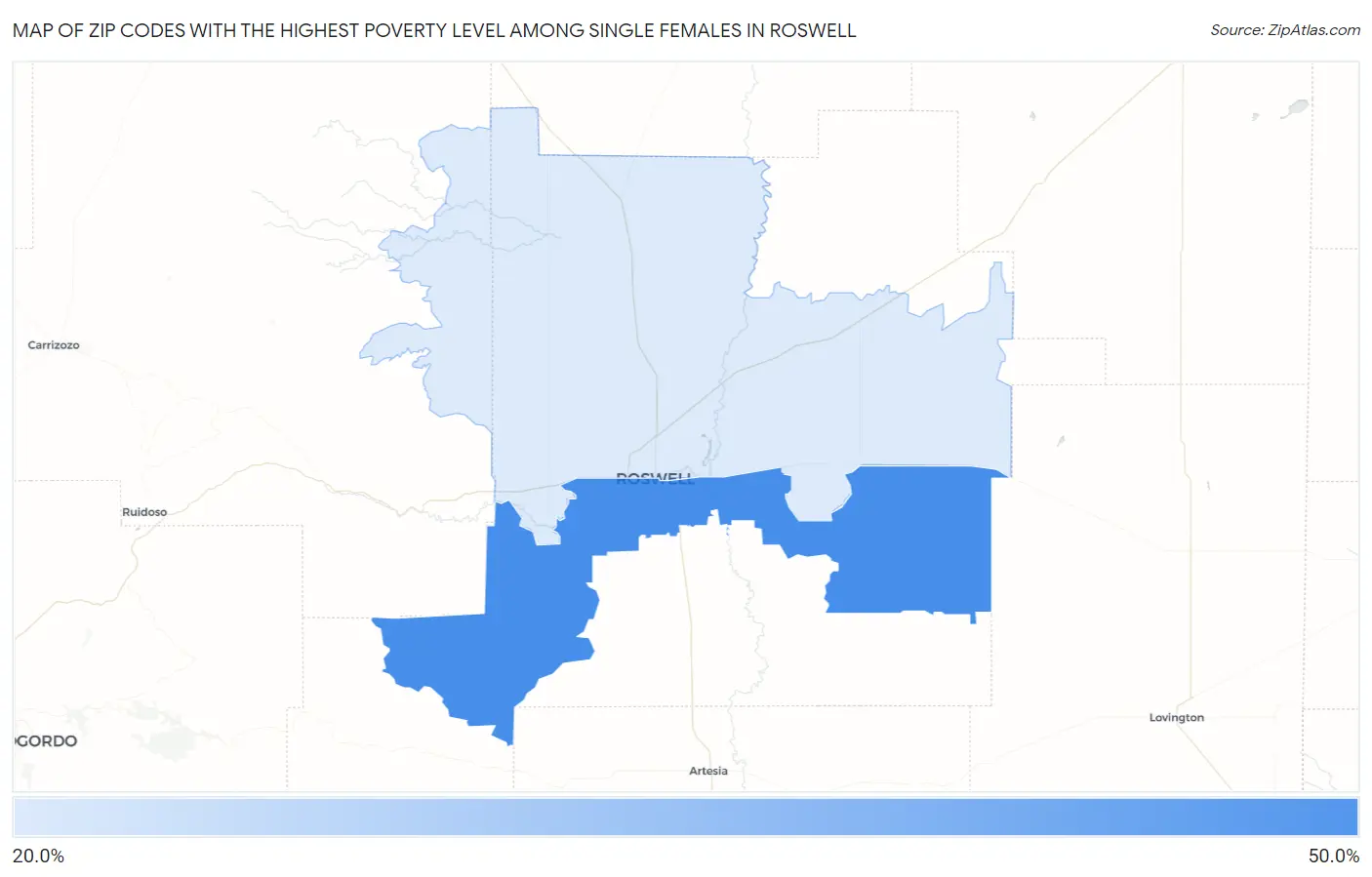 Zip Codes with the Highest Poverty Level Among Single Females in Roswell Map
