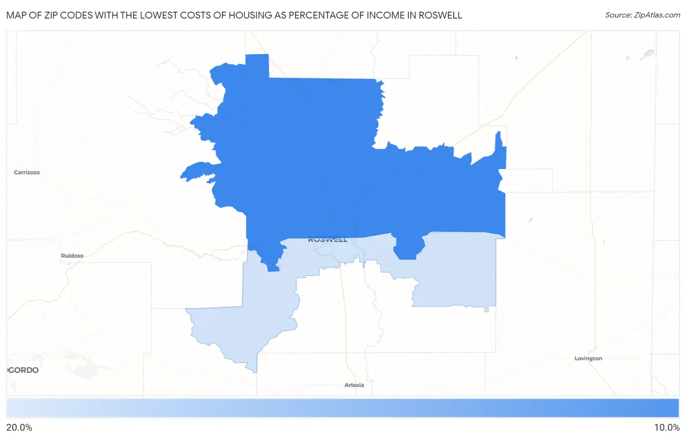 Zip Codes with the Lowest Costs of Housing as Percentage of Income in Roswell Map