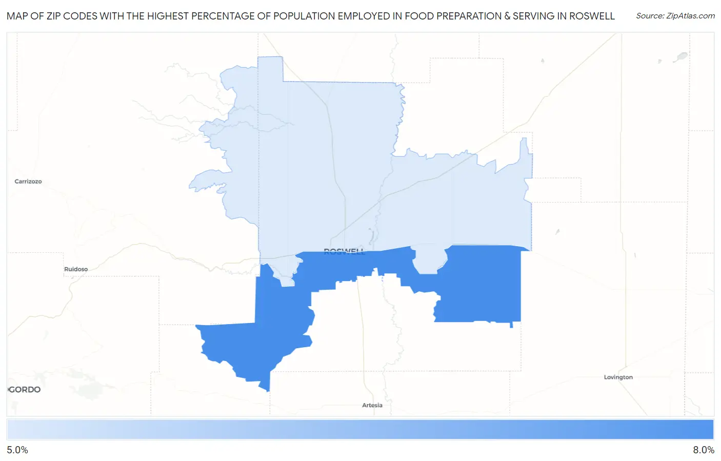 Zip Codes with the Highest Percentage of Population Employed in Food Preparation & Serving in Roswell Map