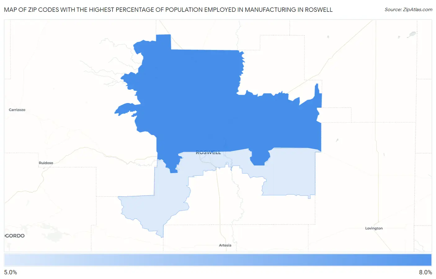 Zip Codes with the Highest Percentage of Population Employed in Manufacturing in Roswell Map